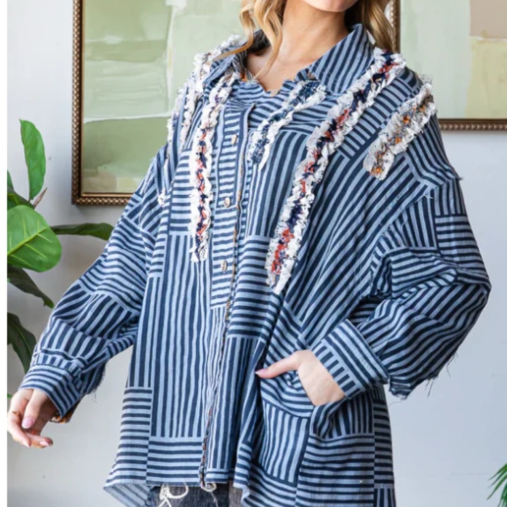 Striped Blue Button-Up Shirt with Embellishments